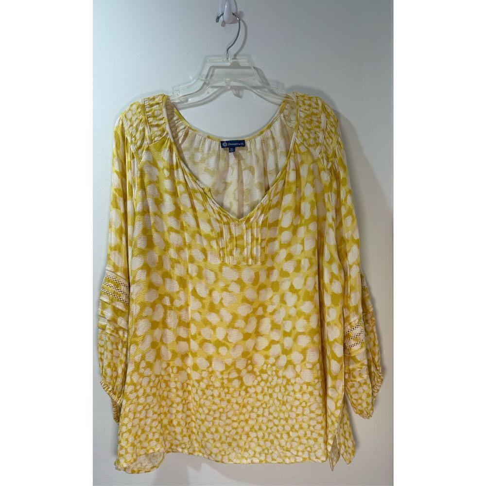 Democracy women’s long sleeve v-neck yellow & white blouse size 3X #42-1059
